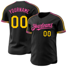 Laden Sie das Bild in den Galerie-Viewer, Custom Black Yellow-Pink Raglan Line Gradient Stripe Authentic Baseball Jersey
