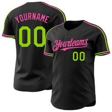 Загрузить изображение в средство просмотра галереи, Custom Black Neon Green-Pink Raglan Line Gradient Stripe Authentic Baseball Jersey
