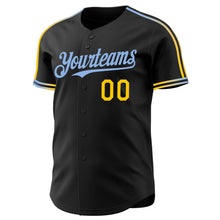 Laden Sie das Bild in den Galerie-Viewer, Custom Black Yellow-Light Blue Raglan Line Gradient Stripe Authentic Baseball Jersey
