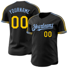 Laden Sie das Bild in den Galerie-Viewer, Custom Black Yellow-Light Blue Raglan Line Gradient Stripe Authentic Baseball Jersey
