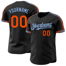 Laden Sie das Bild in den Galerie-Viewer, Custom Black Orange-Light Blue Raglan Line Gradient Stripe Authentic Baseball Jersey
