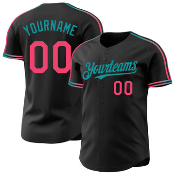 Custom Black Neon Pink-Teal Raglan Line Gradient Stripe Authentic Baseball Jersey