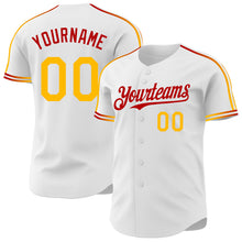Charger l'image dans la galerie, Custom White Gold-Red Raglan Line Gradient Stripe Authentic Baseball Jersey
