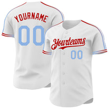 Загрузить изображение в средство просмотра галереи, Custom White Light Blue-Red Raglan Line Gradient Stripe Authentic Baseball Jersey
