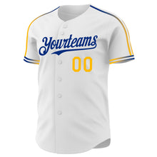 Laden Sie das Bild in den Galerie-Viewer, Custom White Gold-Royal Raglan Line Gradient Stripe Authentic Baseball Jersey
