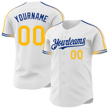 Laden Sie das Bild in den Galerie-Viewer, Custom White Gold-Royal Raglan Line Gradient Stripe Authentic Baseball Jersey
