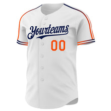 Laden Sie das Bild in den Galerie-Viewer, Custom White Orange-Navy Raglan Line Gradient Stripe Authentic Baseball Jersey

