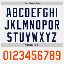 Laden Sie das Bild in den Galerie-Viewer, Custom White Orange-Navy Raglan Line Gradient Stripe Authentic Baseball Jersey
