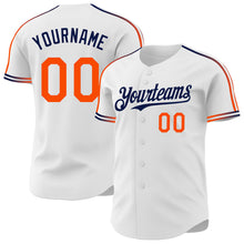 Laden Sie das Bild in den Galerie-Viewer, Custom White Orange-Navy Raglan Line Gradient Stripe Authentic Baseball Jersey
