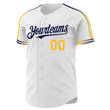 Laden Sie das Bild in den Galerie-Viewer, Custom White Gold-Navy Raglan Line Gradient Stripe Authentic Baseball Jersey
