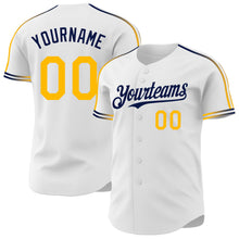Laden Sie das Bild in den Galerie-Viewer, Custom White Gold-Navy Raglan Line Gradient Stripe Authentic Baseball Jersey
