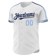 Laden Sie das Bild in den Galerie-Viewer, Custom White Light Blue-Navy Raglan Line Gradient Stripe Authentic Baseball Jersey

