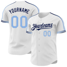 Laden Sie das Bild in den Galerie-Viewer, Custom White Light Blue-Navy Raglan Line Gradient Stripe Authentic Baseball Jersey

