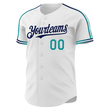 Charger l'image dans la galerie, Custom White Teal-Navy Raglan Line Gradient Stripe Authentic Baseball Jersey
