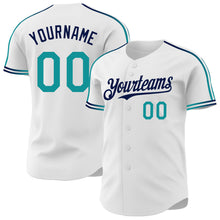 Charger l'image dans la galerie, Custom White Teal-Navy Raglan Line Gradient Stripe Authentic Baseball Jersey

