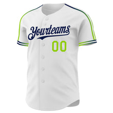 Laden Sie das Bild in den Galerie-Viewer, Custom White Neon Green-Navy Raglan Line Gradient Stripe Authentic Baseball Jersey
