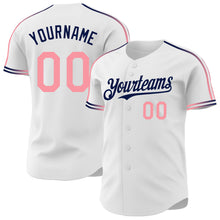 Laden Sie das Bild in den Galerie-Viewer, Custom White Medium Pink-Navy Raglan Line Gradient Stripe Authentic Baseball Jersey
