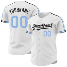 Laden Sie das Bild in den Galerie-Viewer, Custom White Light Blue-Black Raglan Line Gradient Stripe Authentic Baseball Jersey

