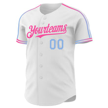 Charger l'image dans la galerie, Custom White Light Blue-Pink Raglan Line Gradient Stripe Authentic Baseball Jersey
