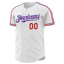 Charger l'image dans la galerie, Custom White Red-Purple Raglan Line Gradient Stripe Authentic Baseball Jersey
