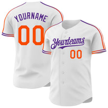 Laden Sie das Bild in den Galerie-Viewer, Custom White Orange-Purple Raglan Line Gradient Stripe Authentic Baseball Jersey
