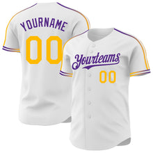 Laden Sie das Bild in den Galerie-Viewer, Custom White Gold-Purple Raglan Line Gradient Stripe Authentic Baseball Jersey

