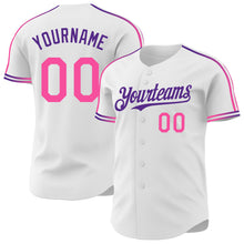 Laden Sie das Bild in den Galerie-Viewer, Custom White Pink-Purple Raglan Line Gradient Stripe Authentic Baseball Jersey
