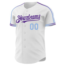 Laden Sie das Bild in den Galerie-Viewer, Custom White Light Blue-Purple Raglan Line Gradient Stripe Authentic Baseball Jersey
