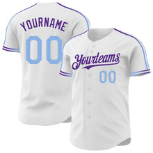 Laden Sie das Bild in den Galerie-Viewer, Custom White Light Blue-Purple Raglan Line Gradient Stripe Authentic Baseball Jersey
