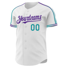 Laden Sie das Bild in den Galerie-Viewer, Custom White Teal-Purple Raglan Line Gradient Stripe Authentic Baseball Jersey
