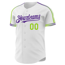 Загрузить изображение в средство просмотра галереи, Custom White Neon Green-Purple Raglan Line Gradient Stripe Authentic Baseball Jersey
