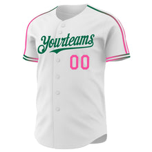 Laden Sie das Bild in den Galerie-Viewer, Custom White Pink-Kelly Green Raglan Line Gradient Stripe Authentic Baseball Jersey
