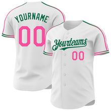 Laden Sie das Bild in den Galerie-Viewer, Custom White Pink-Kelly Green Raglan Line Gradient Stripe Authentic Baseball Jersey
