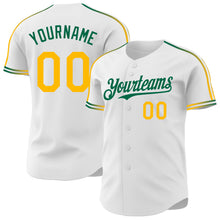 Загрузить изображение в средство просмотра галереи, Custom White Gold-Kelly Green Raglan Line Gradient Stripe Authentic Baseball Jersey
