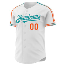 Laden Sie das Bild in den Galerie-Viewer, Custom White Orange-Teal Raglan Line Gradient Stripe Authentic Baseball Jersey
