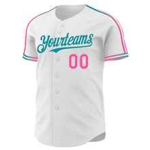 Laden Sie das Bild in den Galerie-Viewer, Custom White Pink-Teal Raglan Line Gradient Stripe Authentic Baseball Jersey
