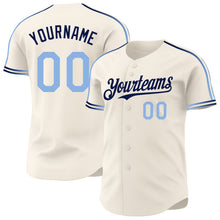 Laden Sie das Bild in den Galerie-Viewer, Custom Cream Light Blue-Navy Raglan Line Gradient Stripe Authentic Baseball Jersey
