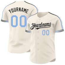 Загрузить изображение в средство просмотра галереи, Custom Cream Light Blue-Black Raglan Line Gradient Stripe Authentic Baseball Jersey
