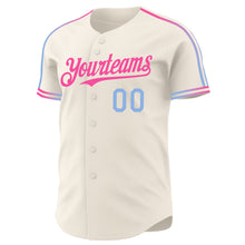 Laden Sie das Bild in den Galerie-Viewer, Custom Cream Light Blue-Pink Raglan Line Gradient Stripe Authentic Baseball Jersey
