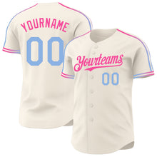 Laden Sie das Bild in den Galerie-Viewer, Custom Cream Light Blue-Pink Raglan Line Gradient Stripe Authentic Baseball Jersey
