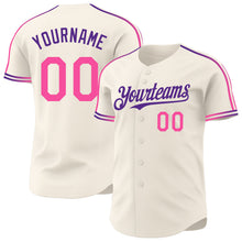 Laden Sie das Bild in den Galerie-Viewer, Custom Cream Pink-Purple Raglan Line Gradient Stripe Authentic Baseball Jersey
