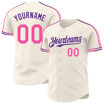 Custom Cream Pink-Purple Raglan Line Gradient Stripe Authentic Baseball Jersey