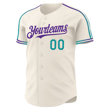 Laden Sie das Bild in den Galerie-Viewer, Custom Cream Teal-Purple Raglan Line Gradient Stripe Authentic Baseball Jersey
