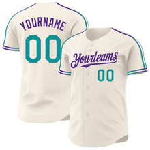Laden Sie das Bild in den Galerie-Viewer, Custom Cream Teal-Purple Raglan Line Gradient Stripe Authentic Baseball Jersey
