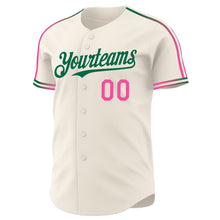 Laden Sie das Bild in den Galerie-Viewer, Custom Cream Pink-Kelly Green Raglan Line Gradient Stripe Authentic Baseball Jersey
