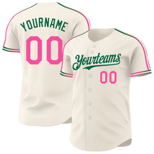 Laden Sie das Bild in den Galerie-Viewer, Custom Cream Pink-Kelly Green Raglan Line Gradient Stripe Authentic Baseball Jersey
