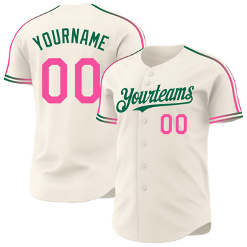 Custom Cream Pink-Kelly Green Raglan Line Gradient Stripe Authentic Baseball Jersey