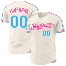 Laden Sie das Bild in den Galerie-Viewer, Custom Cream Sky Blue-Pink Raglan Line Gradient Stripe Authentic Baseball Jersey
