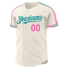 Charger l'image dans la galerie, Custom Cream Pink-Teal Raglan Line Gradient Stripe Authentic Baseball Jersey
