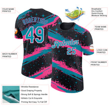 Laden Sie das Bild in den Galerie-Viewer, Custom Black Teal Pink-White Brush Stroke Splatter Starburst Performance T-Shirt
